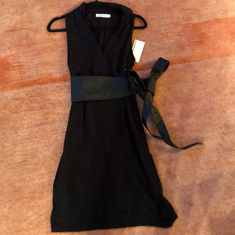 Cute little faux wrap dress with a leather belt